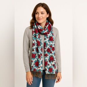 Pashmire Blue Red Floral Pashmina Scarf NWT
